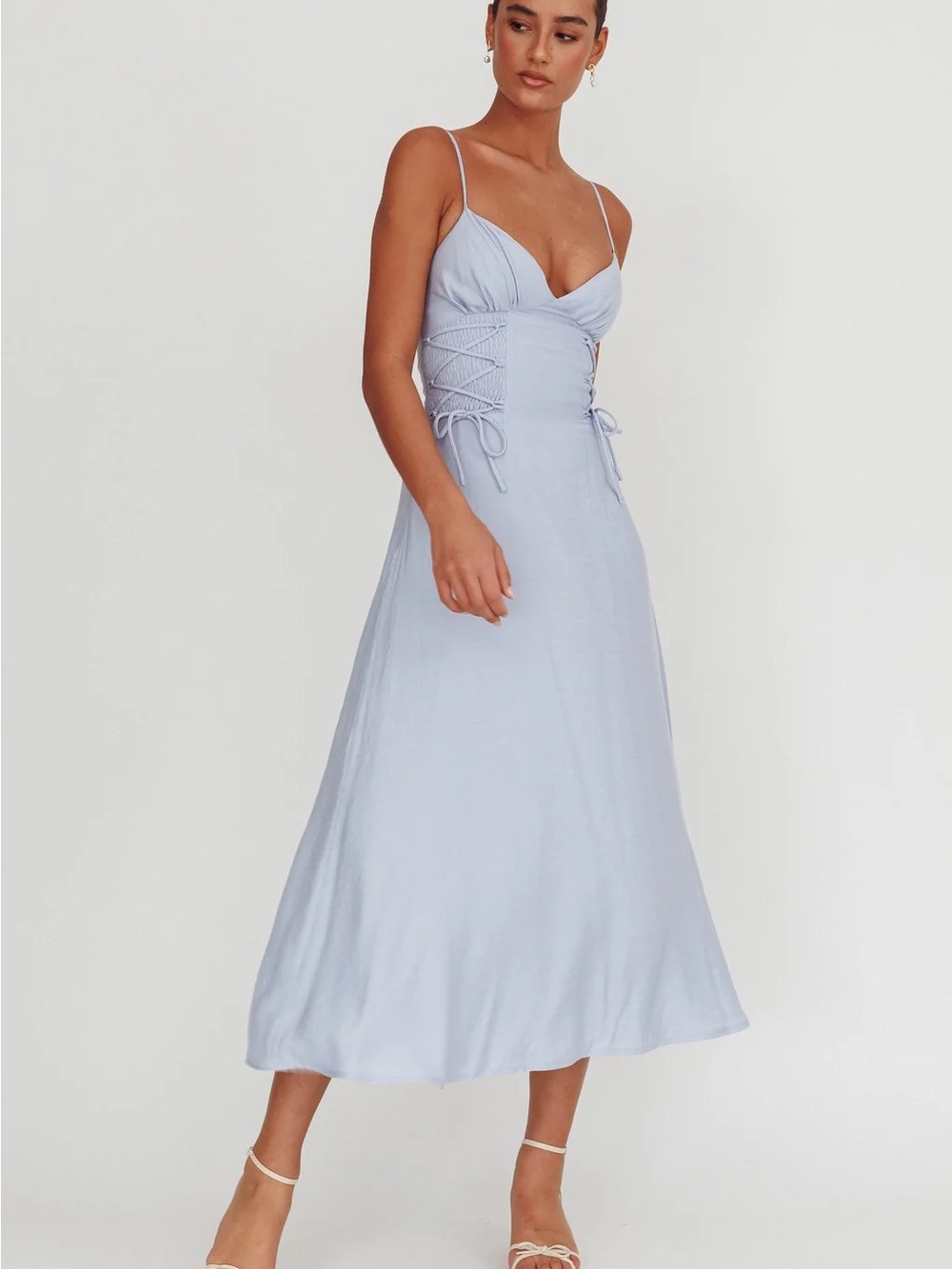 Light Blue Lace-Up Midi Dress with Spaghetti Straps